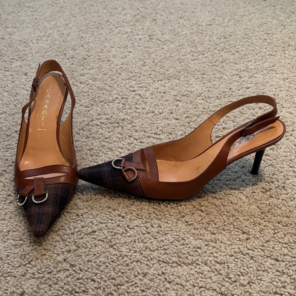 Casadei Brown and Black Plaid, Pointed Toe, Slingback Kitten Heels